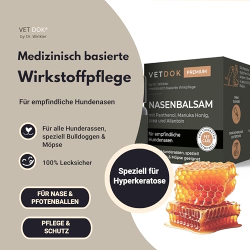 VETDOK® by Dr. Winkler Nasenbalsam für Hunde mit Nasenproblemen – Panthenol, Manuka-Honig, Urea & Allantoin – Pflege für empfindliche Hundenasen – alle Hunderassen, speziell Bulldoggen & Möpse - 60ml