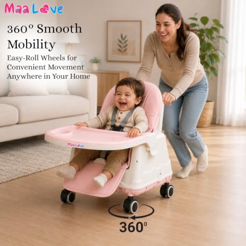 Image of Maa Love 4-in-1 Baby High Chair for 0-5 Years, Adjustable Height Feeding Chair with Detachable Tray, One-Hand Fold, Multifunctional High Chair (Pink)