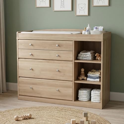 Melidee Changing Table Dresser for Nursery, 47.2”L Baby Dresser with 4 Drawers & Adjustable Open Shelves, 2-in-1 Diaper Changing Station with Removable Topper & Drawer Organizer, Natural Wood
