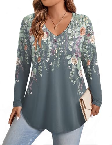 IN'VOLAND Plus Size Tunic Tops for Women Long Sleeve V Neck Shirts