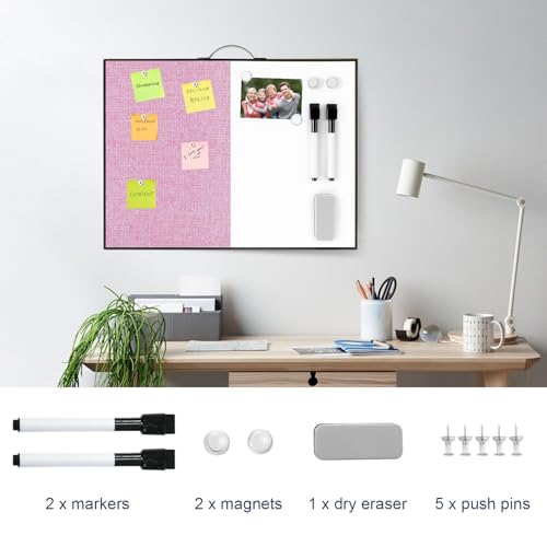 Image of Small White Board Cork-Board Combo - 16 X 12 inches Pink Linen Board & Magnetic Dry Erase Board for Wall, Mini Bulletin Cork Board with Holder for Office, Home and School