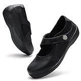 VOCNTVY Womens Mary Jane Flats Office Dress Work Shoes Ladies Hook and Loop Leather Comfort Casual Lightweight Non Slip Memory Foam Shoes Black US 9