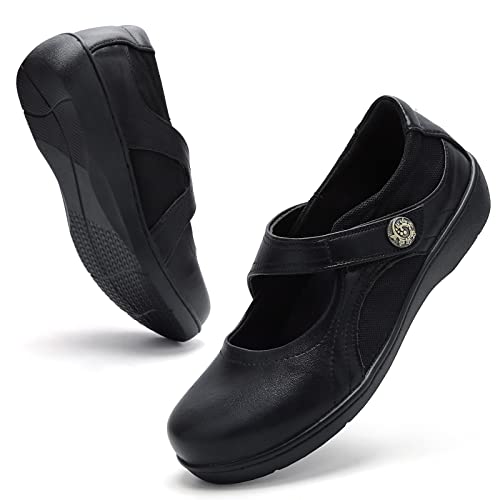 Vocntvy Womens Mary Jane Flats Office Dress Work Shoes Ladies Hook And Loop Leather Comfort Casual Lightweight Non Slip Memory Foam Shoes Black Us 9 #TOP28