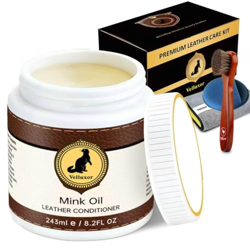 Velluxor 4-in-1 Natural Mink Oil 8.2oz Leather Cleaner and Conditioner, Premium Waterproof Soften Restore Formula – Leather Cleaner & Protector for Boots, Shoes, Jackets, Car Interiors, Saddle, Bags