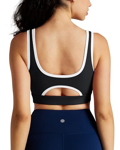 QUEENIEKE Piping Trim Sports Bras for Women - Padded Slim Fit Medium Impact Workout Crop Tank Top Scoop Neck Yoga Bra (Black, Medium)