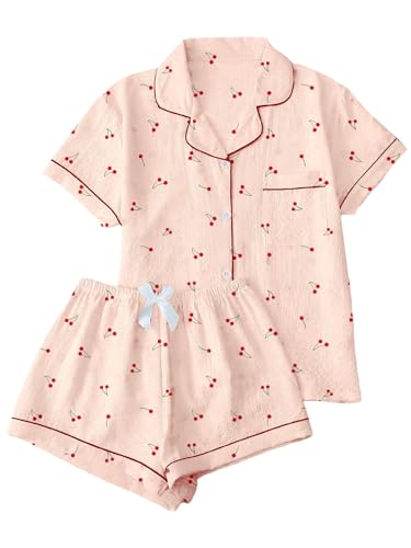 Image of Remidoo Cherry Pajamas for Women Short Sleeve Button Down 2 Piece Pajama Set Sleepwear Pink X-Small