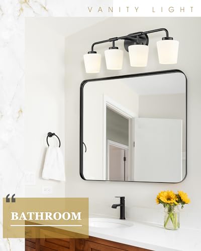 Image of 4-Light Black Bathroom Light Fixtures Over Mirror, White Glass | Vanity Lighting Fixtures with Milk White Glass, Vintage Farmhouse Wall Sconces Lighting, AD-22004-4W-BK