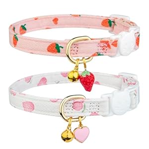 2 Pack Cotton Breakaway Cat Collar,Pink Strawberries and White Heart Shaped Pendant Kitten Collar Cute Cat Collar with Bell,Ideal for Girl Cats Boy Cats