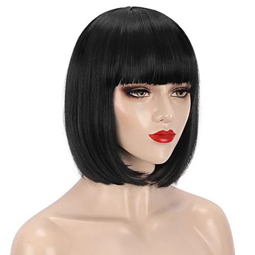 HMD Black Wig with Bangs Short Black Wigs for Women Wavy Synthetic Black Wig Heat Resistant fiber for Halloween Cosplay Daily Party Wigs