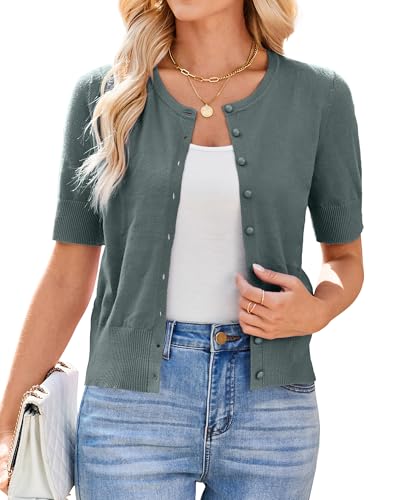Image of Newshows Short Sleeve Cardigan for Women UK Summer Cropped Cardigan Knitted Buttons Down Bolero Shrug Grey Green,XL