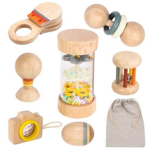 Ensemble de hochet et de préhension en bois pour bébé de 0 à 12 mois avec bâton de pluie, hochet, kaléidoscope et sac en tissu, coffret cadeau pour bébé