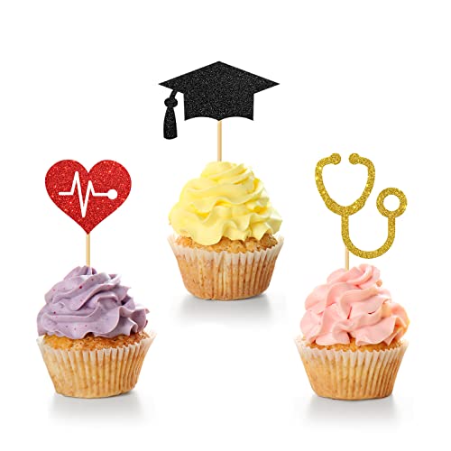 24 Pcs Doctor Grad Cupcake Toppers/Nurse Grad Cupcake Decor/Nursing/Medical Rn Themed Cupcake Toppers/Graduation Party Cupcake Decorations/Black & Red & Gold Glitter #TOP25