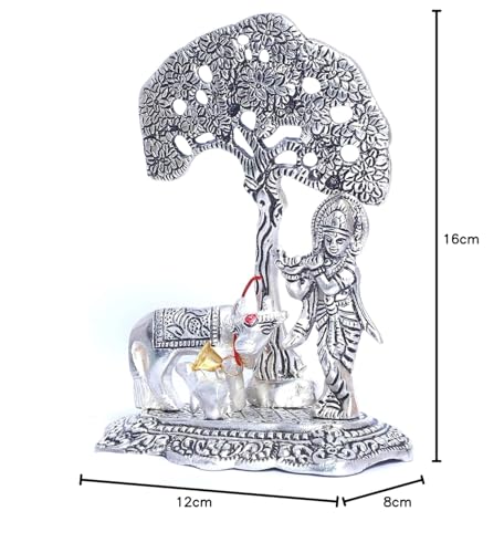 Image of Lavanaya Silver Lord Krishna with Cow Standing Under Tree Playing Flute Silver Plated Figurine (12x8x17cm), Floral