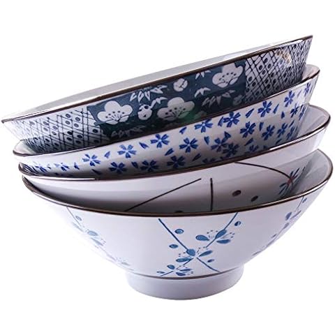 Japanese Ramen Bowls, Large Soup Bowls, High Bowls, Noodle Bowls, Rice Bowls, 7.5 Inch Bowls(White and Blue) Cover