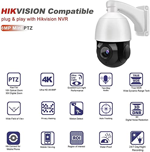 Outdoor 8Mp Ptz Poe Ip Camera Speed Dome, Auto Tracking, Pan Tilt 18Xoptical Zoom 30X Digital Zoom With 165Ft Ir Night Vision, Human/Vehicle Detection, Two Way Talk,Compatible For Hikvision(4818X-Iz) #TOP1
