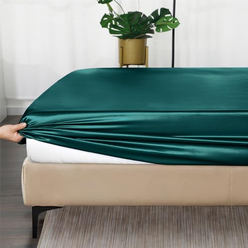 Image of Ersmak Silk Satin Fitted Sheet, Soft Deep Pocket Bottom Luxury Queen Fitted Sheet, Wrinkle Free, Breathable, Fade Resistant - Teal