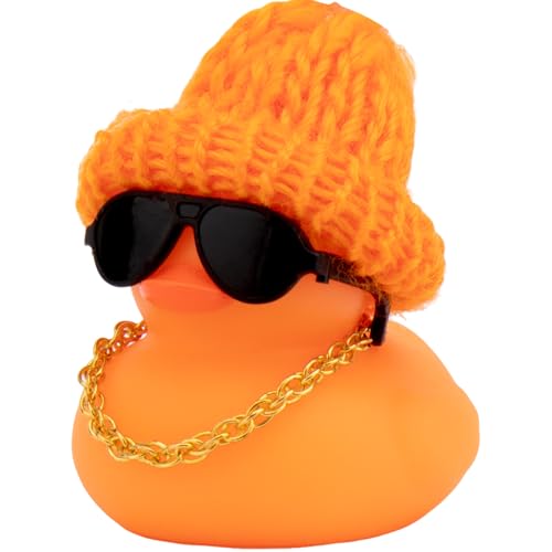 wonuu Car Dashboard Colorful Rubber Ducks, Christmas Eve Decorations Rubber Ducky for Car Ornament Cute Duck with Knit Hat, Glasses, Necklace (Orange)