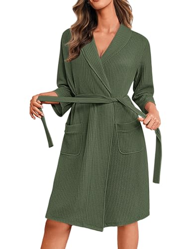 Image of Ekouaer Robes for Women Waffle Knit Bathrobe Lightweight Kimono Robe Knee Length Loungewear with Pockets
