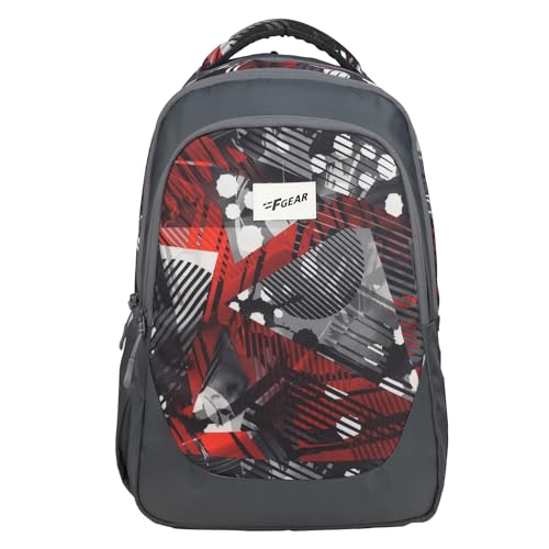 Image of F Gear Panya Grey Geometric Black Red 21L School Backpack|Three Spacious Compartment with Water bottle holder|Lightweight and durable|Comfortable to Carry|Stylish Backpack
