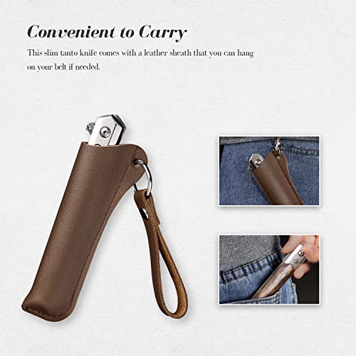 Tops Home EDC Pocket Knife for Men, Slim Folding Knives with Sheath, Tanto Blade, Wood Handle, Low Profile Gentleman's Knife for Everyday Carry