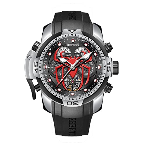 REEF TIGER Fashion Style Sport Automatik Uhr Spinne Zifferblatt mit Kompliziertem Jahr Monat Ewiger Kalender Mechanische Gummi Uhren RGA3532SP (RGA3532SP-YBRR)