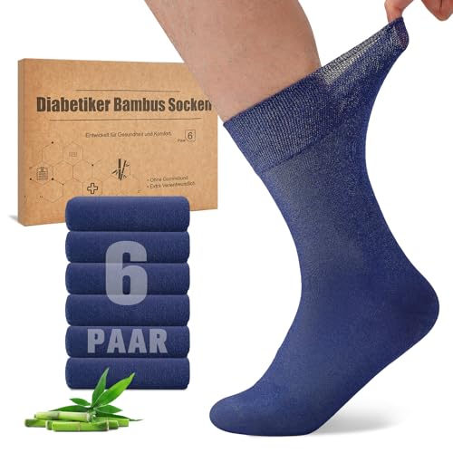Niorasen Bambus Diabetikersocken, 6 Paar Diabetiker Socken ohne Gummibund & ohne Naht, Bambussocken Gesundheitssocken mit Komfortbund für Herren & Damen, Blau 43-46