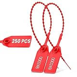 250 Numbered Fire Extinguisher Tamper Seals, Plastic Pull Tight Security Zip Ties, Self Locking Disposable Tags, 250 mm (9.84 inch) Length, Red