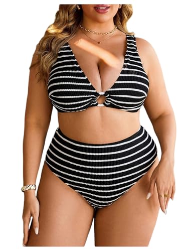 MakeMeChic Women's Plus Size High Waisted Bikini Set Striped V Neck Ring Tummy Control Bathing Suit Swimsuit