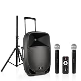 PRORECK Portable 12 Inch 1200W Powered PA/DJ Speaker System with Rechargeable Battery, 2 Wireless Mics, Bluetooth, USB, SD, FM Radio, Remote, Speaker Stand for Parties, Karaoke, speeches, Outdoor
