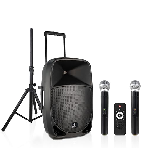 PRORECK Portable 12 Inch 1200W Powered PA/DJ Speaker System with Rechargeable Battery, 2 Wireless Mics, Bluetooth, USB, SD, FM Radio, Remote, Speaker Stand for Parties, Karaoke, speeches, Outdoor
