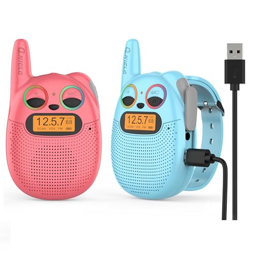 QNIGLO Q136 Walkie Talkie Niños Recargable con Radio FM,3-5Km Alcance Ojos Parpadeantes Pulsera Portátil,Montar Acampar Correr,Regalo para Niñas&Adultos,Juguete Colgante de Niños 3-12 (RojoAzul)