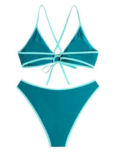 Image of ZAFUL Women's Tie Back Padded High Cut Bralette Bikini Set Two Piece Swimsuit