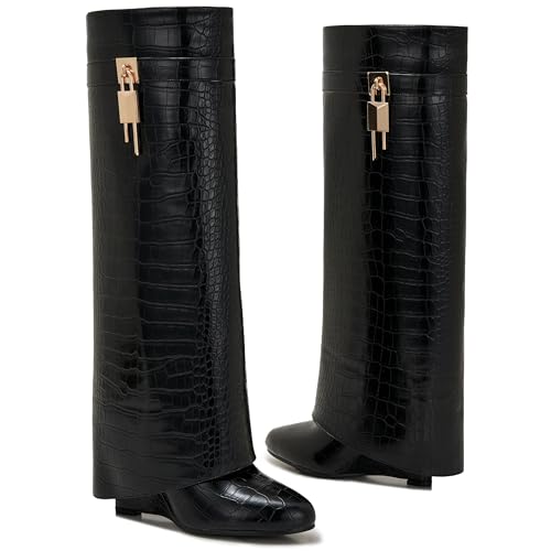 Image of Fold Over Boots for Women Pointy Pull-on Wedge Heel Knee Shark Boot With Side Zipper Padlock Design