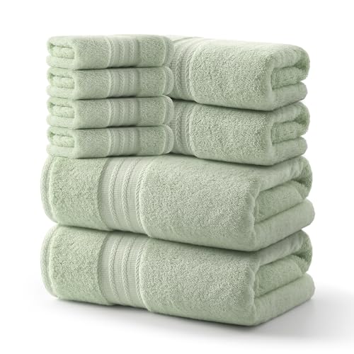 REDKISS Green Towel Set of 8-100% Cotton Luxury Bath Towels Set for Bathroom 600 GSM Highly Absorbent Bathroom Towel with 2 Large Bath Sheet 2 Hand 4 Washcloths Green Shower Towels for Dorm