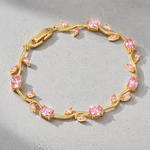 Image of Amaal Bracelets for Women Stylish Gold Plated Tulip American Diamond CZ Stone Bracelet with Leaf Design, Adjustable Link Chain, Anti Tarnish Stainless Steel Jewellery for women Girls Gifts 487