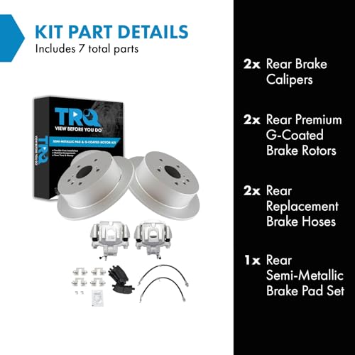 Image of TRQ Rear Brake Pad and Rotor Set Semi Metallic Coated Rotors Calipers Compatible with 2004-2007 Toyota Highlander with All Wheel Drive