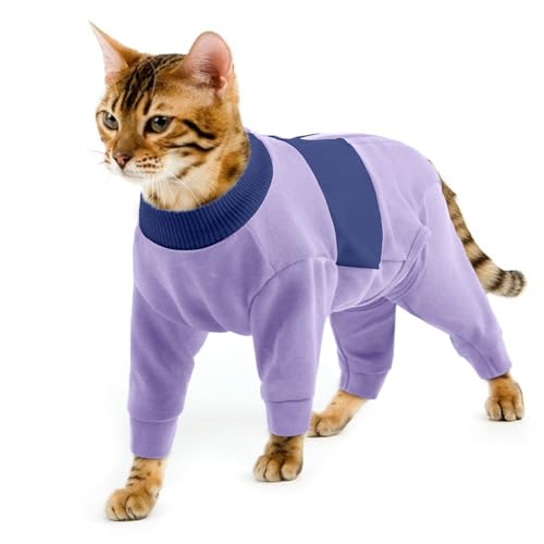 Pijama para Gatos, Ropa de Invierno Algodón Suéter Cálido para Gatos Jersey Chaleco Traje Anti Lamida Ropa Gato Sphynx Invierno(Morado, M)
