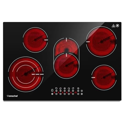 Placa vitrocerámica AMZCHEF Placa vitrocerámica 5 zonas con triple y zona tostadora, 9 niveles de potencia, control táctil, 7295W, función temporizador, apagado automático, Cerradura de seguridad