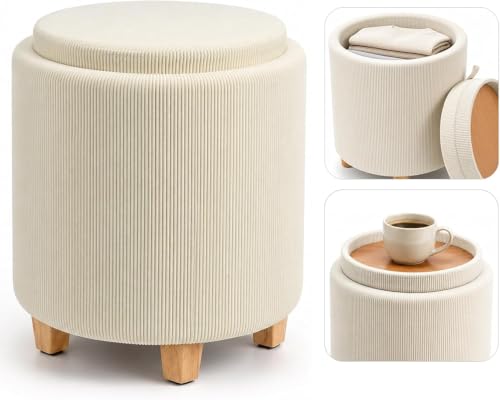 Taburete de Pana con Almacenamiento, Ø 32 x 38 cm, Beige, Tapa Reversible con Bandeja, Patas de Madera Antideslizantes, Puf, Reposapiés y Mesa Auxiliar 2 en 1, hasta 150 kg