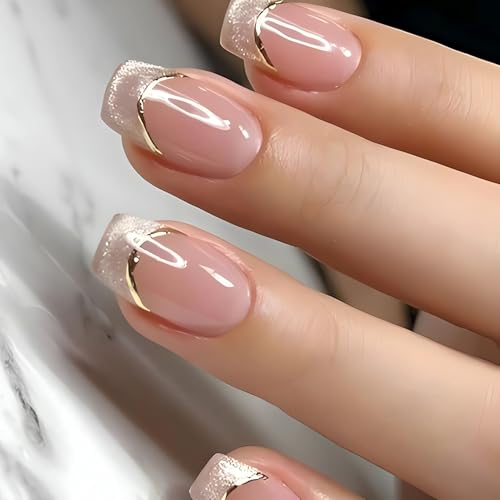 Auiremrti 24 pezzi unghia quadrate corte adesive, French Tip, unghie finte, unghie artistiche ombre con linee dorate, gel acriliche lucide