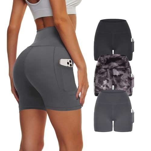 3 Pack Biker Yoga Shorts with Pockets for Women, High Waist Tummy Control Workout Running Gym