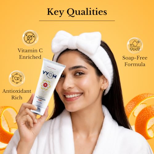 Image of Vyom India Vitamin C Face Wash 100ml for Women & Men Orange Face Wash for Glowing & Hydrating Skin, Improves Skin Tone, Fades Dark Spots, Sulphate & Paraben Free 100% Organic & Natural