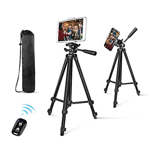 Phone Tripod, Aureday 50” Extendable Adjustable Smartphone & Tablet Tripod Stand with Phone Holder Mount & Remote, Compatible with Tablet/Cell Phone/Camera