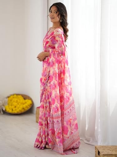 Image of Satrani Women's Georgette Printed & Mirror Work Saree with Unstitched Blouse Piece