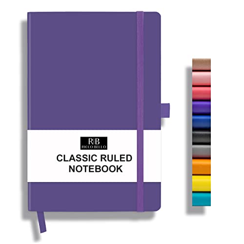 RICCO BELLO Lined Journal Notebook with Pen Holder, Faux Leather Hardcover, College Ruled, for Work, Notes | 96 Sheets /192 Lined Pages, 5.7 x 8.4-Inches (Purple)