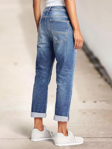 Flamingals Straight Leg Mid Rise Boyfriend Ripped Roll Hem Denim Jeans2