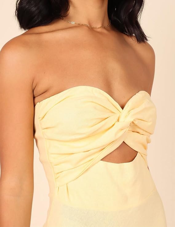 Image of Women Strapless Twist Front Midi Linen Cutout Wedding Guest Dress | Sexy,Sweetheart Neckline,Tube,Long,2026 Summer,Vacation,Formal,Cocktail,Bridesmaid,Party,Baby Shower,Beach,Elegant,Evening