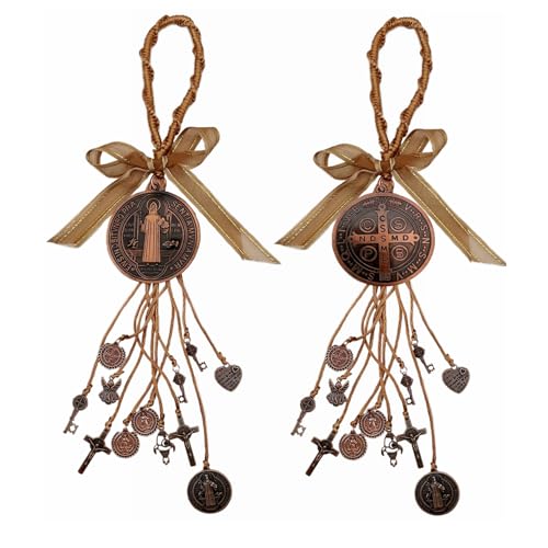 2PCS/Set Medalla De San Benito Escapularios Wooden Beads Rosary St Benedict Medals for Door with Saint Benedict Cross Crucifix Catholic Gift Set for Car Hanging Charm Home Door Hanger Decor