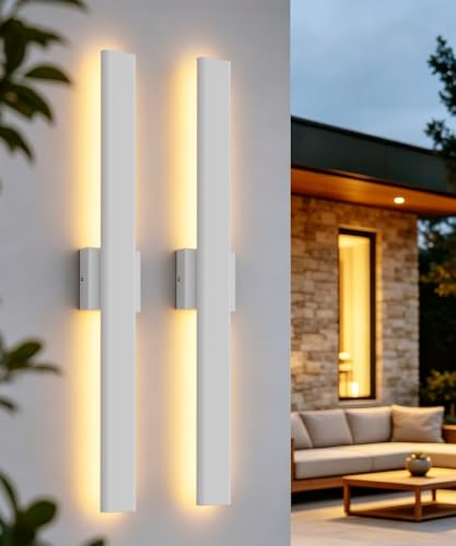 Image of Aipsun 2 Packs Outdoor Wall Sconce, 3000K 4000K 6000K, 31.5in Modern White Exterior Light, Long LED Linear Wall Light Outside Lighting for Entrance, Hallway, Garage, Porch(3CCT)