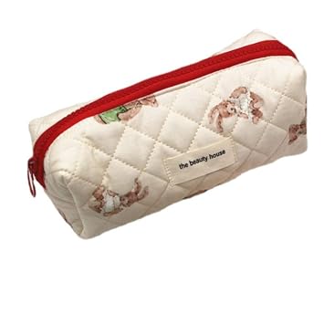 Kawaii Makeup Bag Coquette Bear Cosmetic Bag Aesthetic Travel Pouch Organizer Cute Cottagecore Quilted Toiletry Bag Beige,Small